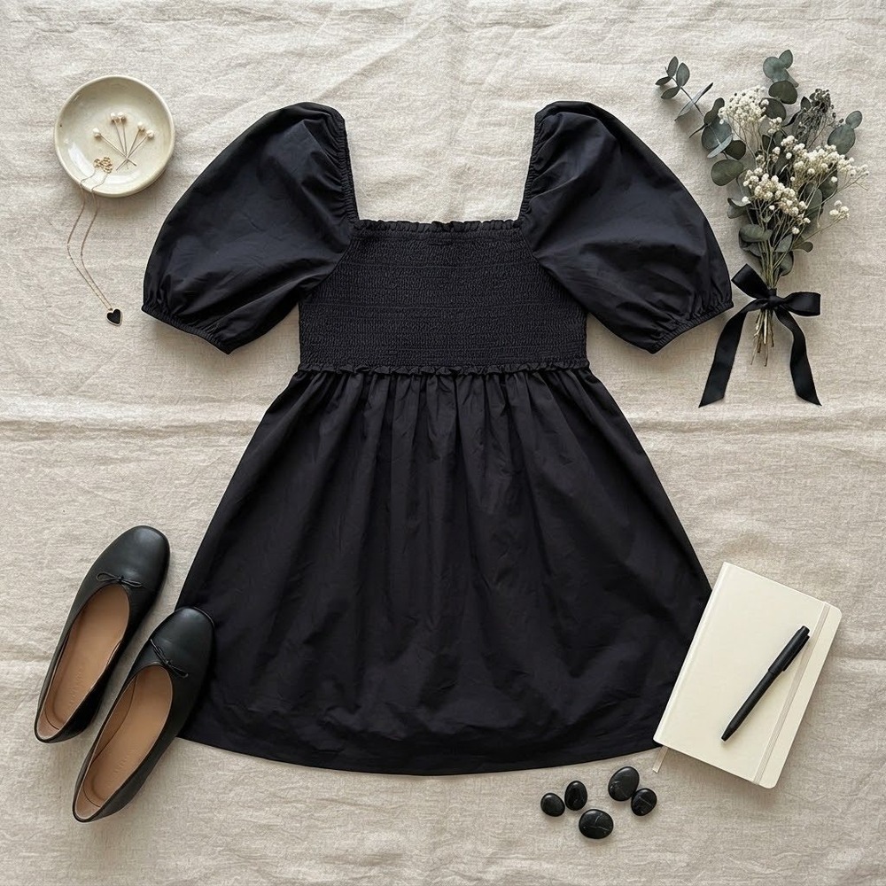 American Eagle Black Smocked Puff Sleeve Babydoll Mini Dress Women Medium